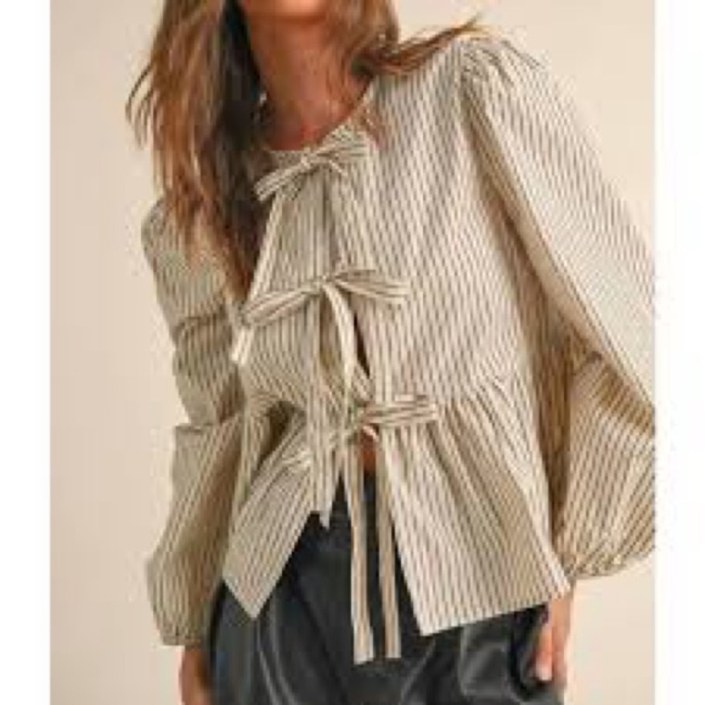 Elegant Beige Striped Blouse with Bow Accents